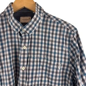 7Diamonds New Order Shirt Mens Medium Blue Grey Gingham Plaid Long Sleeve